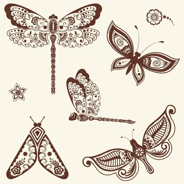 Illustration Vectorielle Ornement Mehndi Papillons Libellules Style Indien Traditionnel Éléments — Image vectorielle