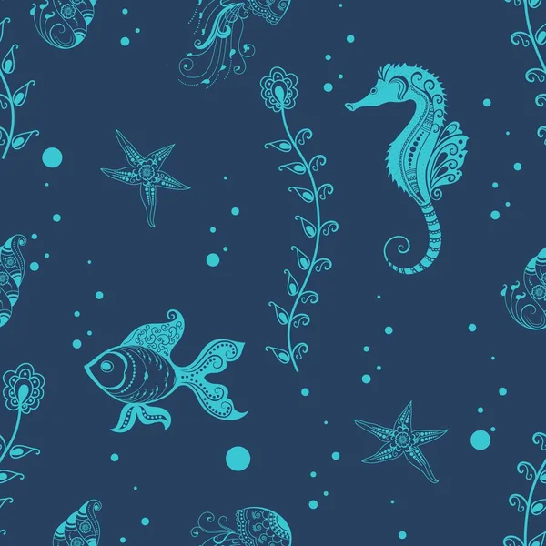 Vector Flower Seamless Pattern Element Algae Fish Sea Horse Elegant — Stock Vector