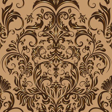 Vektör damaske desen elementi. Klasik lüks, eski moda İspanyol süsü, duvar kağıtları, tekstil ve ambalaj için kraliyet Victoria dönemi dikişsiz dokusu. Zarif çiçekli barok şablonu.