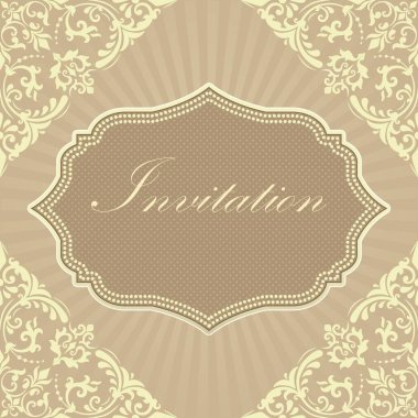 Düğün davetiyesi ve geçmişinde klasik sanat eserleri olan duyuru kartı. Zarif süslü kumaş arkaplan. Zarif çiçek soyut süsü. Tasarım şablonu.