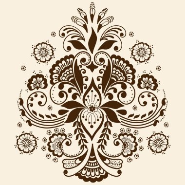Mehndi süslemesinin vektör çizimi. Geleneksel Hint tarzı, kına dövmesi, çıkartma, mehndi ve yoga tasarımı için süslü çiçek unsurları, kartlar ve parmak izleri. Soyut çiçek vektör çizimi.