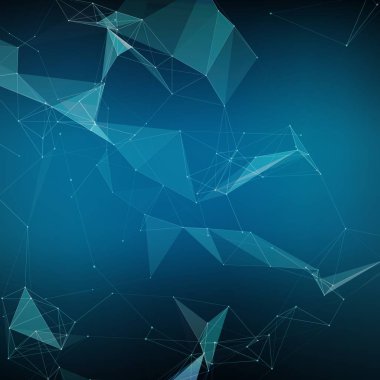 Soyut vektör ağ arkaplanı. Kaotik olarak bağlı noktalar ve uzayda uçan çokgenler. Uçan enkaz. Fütürist teknoloji kartı. Çizgiler, noktalar, daireler ve düzlemler. Geleceksel tasarım.