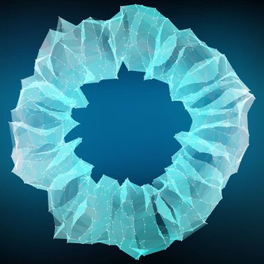 Soyut vektör ağ arkaplanı. Kaotik olarak bağlı noktalar ve uzayda uçan çokgenler. Uçan enkaz. Fütürist teknoloji kartı. Çizgiler, noktalar, daireler ve düzlemler. Geleceksel tasarım.