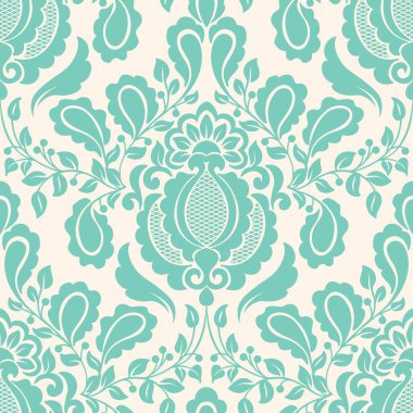 Vektör damaske desen elementi. Klasik lüks, eski moda İspanyol süsü, duvar kağıtları, tekstil ve ambalaj için kraliyet Victoria dönemi dikişsiz dokusu. Zarif çiçekli barok şablonu.