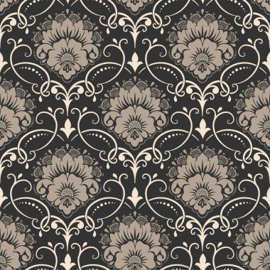 Vektör damask Dikişsiz desen arka plan. Klasik lüks eski moda damask süsleme, duvar kağıtları, tekstil, sarma için Kraliyet Viktorya Dikişsiz doku. Nefis çiçek Barok şablonu.