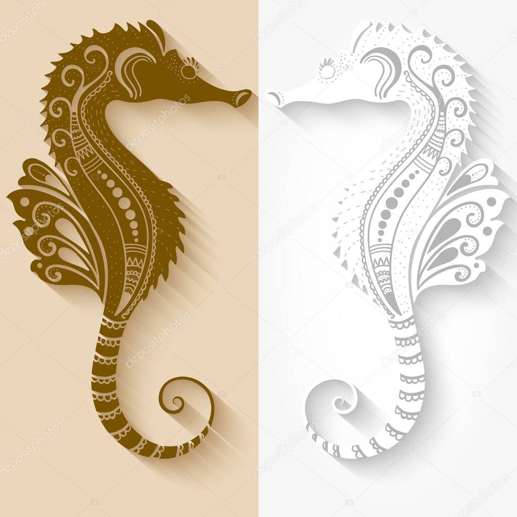 Vector illustration of Sea Horses mehndi ornament. Traditional indian style, ornamental floral elements for henna tattoo, stickers, mehndi and yoga design, cards and prints. Abstract floral vector illustration.