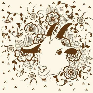 Mehndi süslemesinin vektör çizimi. Geleneksel Hint tarzı, kına dövmesi, çıkartma, mehndi ve yoga tasarımı için süslü çiçek unsurları, kartlar ve parmak izleri. Soyut çiçek vektör çizimi.