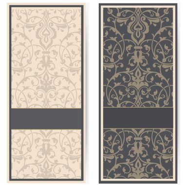 Düğün davetiyesi ve geçmişinde klasik sanat eserleri olan duyuru kartı. Zarif süslü kumaş arkaplan. Zarif çiçek soyut süsü. Tasarım şablonu.