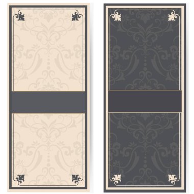 Düğün davetiyesi ve geçmişinde klasik sanat eserleri olan duyuru kartı. Zarif süslü kumaş arkaplan. Zarif çiçek soyut süsü. Tasarım şablonu.