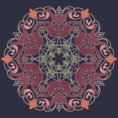 Süslü, damaske ve arabesk elementleriyle. Mehndi tarzı. Geleneksel Doğu süsü. Zentangle benzeri yuvarlak renkli çiçek süsü.