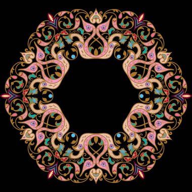 Süslü, damaske ve arabesk elementleriyle. Mehndi tarzı. Geleneksel Doğu süsü. Zentangle benzeri yuvarlak renkli çiçek süsü.