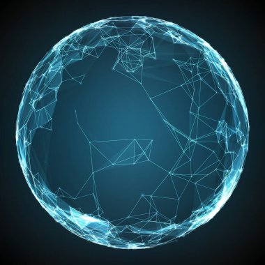 Soyut vektör çokgen siber küre. Üçgen küresel ağ arka planı. Parlayan parçacıklar ve çokgenlerden oluşan 3 boyutlu fütüristik bir küre. Dijital sıçrama. UI ya da HUD ögesi.