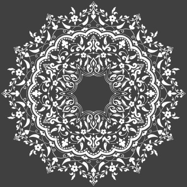 Süslü, damaske ve arabesk elementleriyle. Mehndi tarzı. Geleneksel Doğu süsü. Zentangle benzeri yuvarlak renkli çiçek süsü.