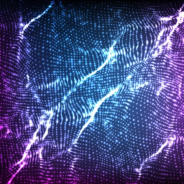 抽象ベクトル紫波メッシュの背景 点群配列 混沌とした光の波 技術的なサイバー空間の背景 サイバー波 — ストックベクタ