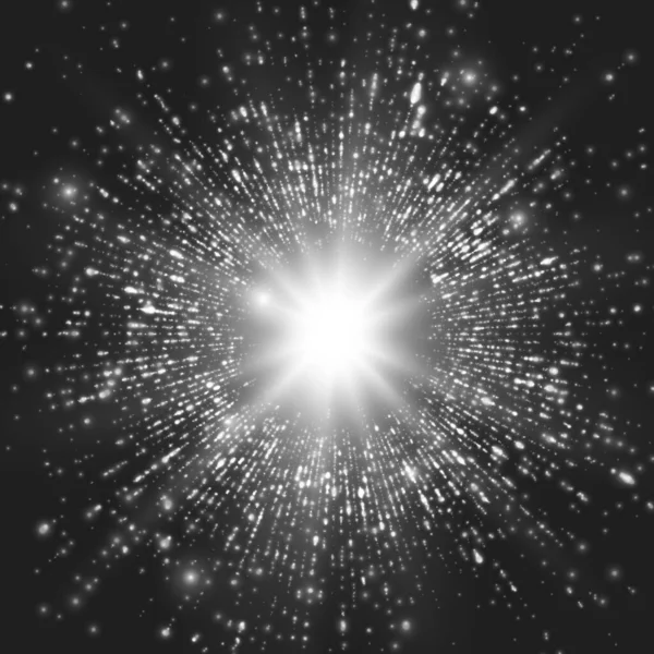 抽象ベクトルグレースケール空間背景 輝く粒子の爆発 クリスマス スター 未来的なテクノロジースタイル ビジネスプレゼンテーションやギフトカードのためのエレガントなモノクロ背景 — ストックベクタ
