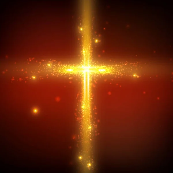 Leuchtendes Kreuz Auf Rotem Hintergrund Mit Hintergrundbeleuchtung Und Leuchtenden Orangen — Stockvektor