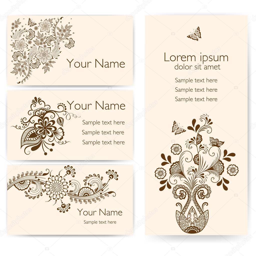 Wedding invitation and announcement card with ornamental lace with arabesque elements. Mehndi style. Orient traditional ornament. Zentangle-like colored floral ornament.