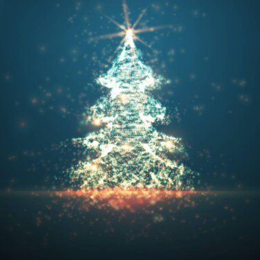 Mavi arka planda parlayan noel ağacı. Arkaplan ışığı ve ışıldayan parçacıklar. Soyut vektör arkaplanı. Parlayan köknar ağacı. Tasarımın için parlak bir arka plan. EPS 10