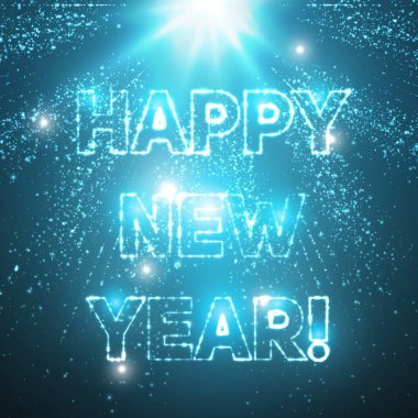 Soyut vektör Mutlu Yıllar geçmişi. Parlayan parçacıkların ve ışık ışınlarının patlaması. Gelecekçi teknoloji tarzı. İş sunumları ya da hediye kartları için şık bir geçmiş.