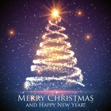 Renkli arka planda parlayan noel ağacı. Arkaplan ışığı ve ışıldayan parçacıklar. Soyut vektör arkaplanı. Parlayan köknar ağacı. Tasarımın için parlak bir arka plan. EPS 10