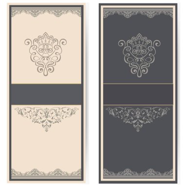 Düğün davetiyesi ve geçmişinde klasik sanat eserleri olan duyuru kartı. Zarif süslü kumaş arkaplan. Zarif çiçek soyut süsü. Tasarım şablonu.