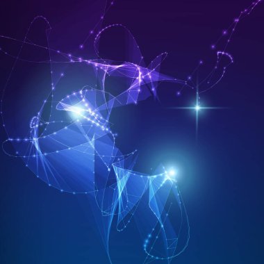 Soyut vektör menekşe çokgen ağ arka planı. Gelecekçi teknoloji tarzı. İş sunumları için zarif bir geçmiş. Uçan enkaz, noktalar ve çizgiler. eps10