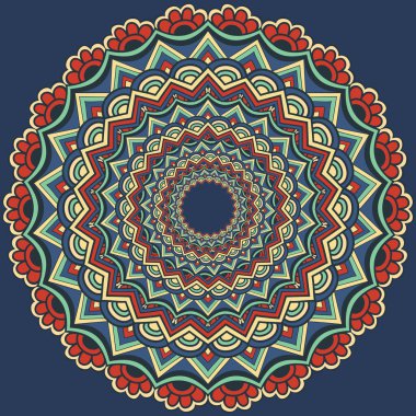 Süslü, damaske ve arabesk elementleriyle. Mehndi tarzı. Geleneksel Doğu süsü. Zentangle benzeri yuvarlak renkli çiçek süsü.