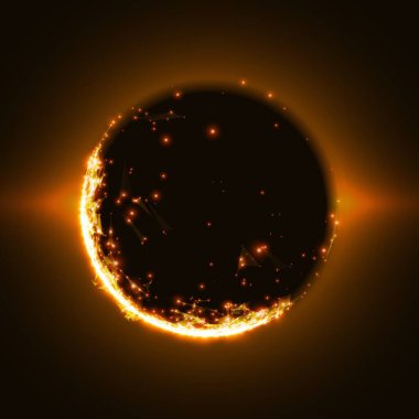 Soyut vektör turuncu ağ arka planı. Kara delik ya da tekillik. Gelecekçi teknoloji tarzı. İş sunumları için zarif bir geçmiş. Uçan enkaz. eps10