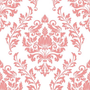 Vektör damaske desen elementi. Klasik lüks, eski moda İspanyol süsü, duvar kağıtları, tekstil ve ambalaj için kraliyet Victoria dönemi dikişsiz dokusu. Zarif çiçekli barok şablonu.
