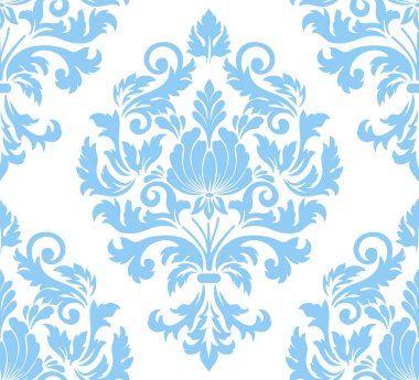 Vektör damaske desen elementi. Klasik lüks, eski moda İspanyol süsü, duvar kağıtları, tekstil ve ambalaj için kraliyet Victoria dönemi dikişsiz dokusu. Zarif çiçekli barok şablonu.