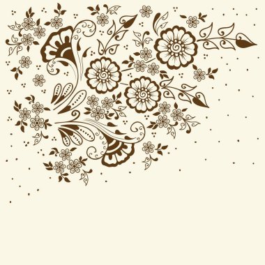 Mehndi süslemesinin vektör çizimi. Geleneksel Hint tarzı, kına dövmesi, çıkartma, mehndi ve yoga tasarımı için süslü çiçek unsurları, kartlar ve parmak izleri. Soyut çiçek vektör çizimi.