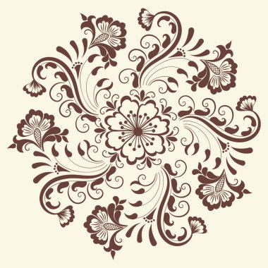 Mehndi süslemesinin vektör çizimi. Geleneksel Hint tarzı, kına dövmesi, çıkartma, mehndi ve yoga tasarımı için süslü çiçek unsurları, kartlar ve parmak izleri. Soyut çiçek vektör çizimi.