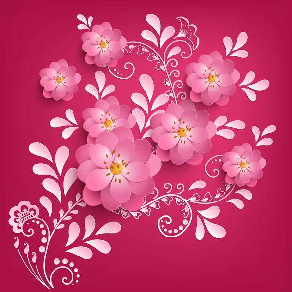 Carta Vettoriale Taglio Fiori Sakura Con Ornamento Mehndi Sfondo Composizione — Vettoriale Stock