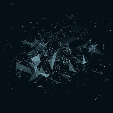 Soyut vektör ağ arkaplanı. Kaotik olarak bağlı noktalar ve uzayda uçan çokgenler. Gelecekçi teknoloji tarzı. İş sunumları için zarif bir geçmiş. Uçan enkaz. eps10