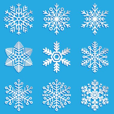Vektör kar taneleri ayarlandı. Noel ve Yeni Yıl için zarif kar taneleri.