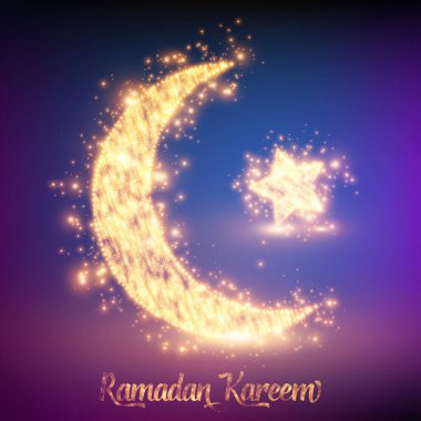 Hilal ve yıldız renkli arkaplanda turuncu parlak parçacıklardan oluşmuştur. Ramazan Kareem. Parlak dekoratif ay ve yıldız.