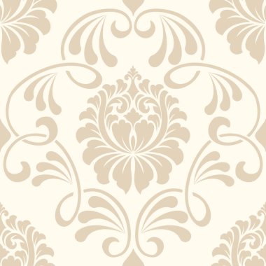 Vektör damaske desen elementi. Klasik lüks, eski moda İspanyol süsü, duvar kağıtları, tekstil ve ambalaj için kraliyet Victoria dönemi dikişsiz dokusu. Zarif çiçekli barok şablonu.