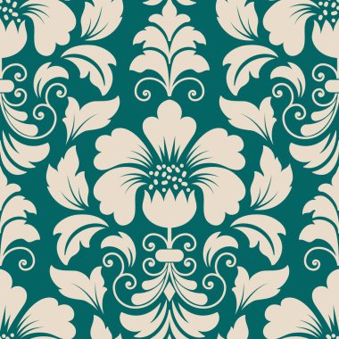 Vektör damaske desen elementi. Klasik lüks, eski moda İspanyol süsü, duvar kağıtları, tekstil ve ambalaj için kraliyet Victoria dönemi dikişsiz dokusu. Zarif çiçekli barok şablonu.