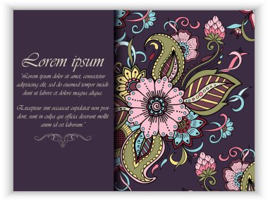 Düğün davetiyesi ve çiçek arkaplanlı ilan kartı. Zarif süslü çiçek arkaplanı. Çiçekli arka plan ve zarif çiçek unsurları. Tasarım şablonu.