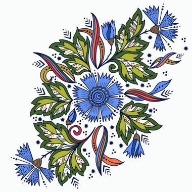 Mehndi süslemesinin vektör çizimi. Geleneksel Hint tarzı, kına dövmesi, çıkartma, mehndi ve yoga tasarımı için süslü çiçek unsurları, kartlar ve parmak izleri. Soyut çiçek vektör çizimi.