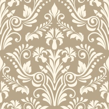 Vektör damaske desen elementi. Klasik lüks, eski moda İspanyol süsü, duvar kağıtları, tekstil ve ambalaj için kraliyet Victoria dönemi dikişsiz dokusu. Zarif çiçekli barok şablonu.