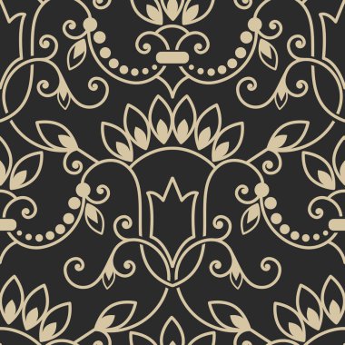 Vektör damaske desen elementi. Klasik lüks, eski moda İspanyol süsü, duvar kağıtları, tekstil ve ambalaj için kraliyet Victoria dönemi dikişsiz dokusu. Zarif çiçekli barok şablonu.
