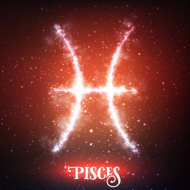 Vektör soyut zodyak işareti parlayan yıldızlı uzayın koyu kırmızı arka planında Balık burcu. Balık burcu şeklinde bir nebula. Balık burcunun soyut simgesi, Yunanca: Ikhthyes