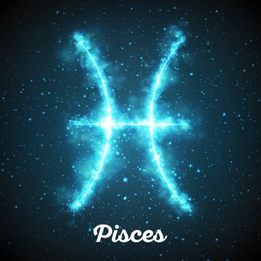 Vektör soyut zodyak işareti parlayan yıldızlı uzayın koyu mavi arka planında Balık burcu. Balık burcu şeklinde bir nebula. Soyut parlayan burç işareti Balık, Yunanca: Ikhthyes