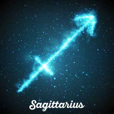 Vektör soyut zodyak, Sagittarius 'u parlayan yıldızlı uzayın koyu mavi arka planına imzalar. Yay şeklinde bir nebula. Parlayan Zodyak işareti Yay, Centaur, Archer