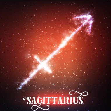Vektör soyut zodyak, Sagittarius 'u parlayan yıldızlı uzayın koyu kırmızı arka planına imzalar. Yay şeklinde bir nebula. Parlayan Zodyak işareti Yay, Centaur, Archer