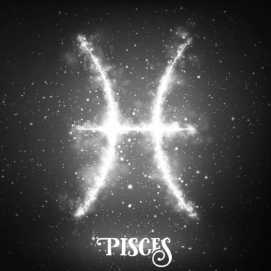 Vektör soyut zodyak işareti parlayan yıldızlı uzayın karanlık arka planında Balık burcu. Balık burcu şeklinde bir nebula. Balık burcunun soyut simgesi, Yunanca: Ikhthyes