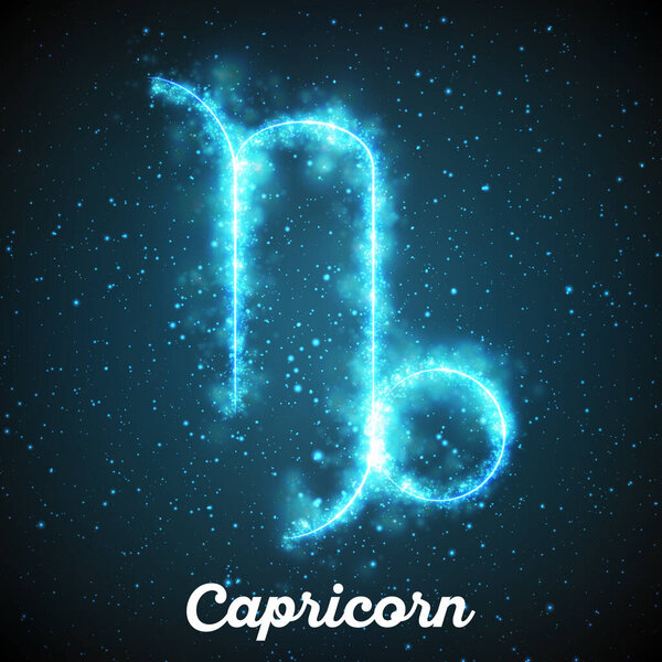 Vector abstract zodiac sign Capricorn on a dark blue background of the space with shining stars. Nebula in form of Capricorn. Glowing sign Capricorn, Goat-horned, The Sea-Goat