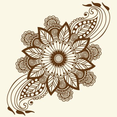 Mehndi süslemesinin vektör çizimi. Geleneksel Hint tarzı, kına dövmesi, çıkartma, mehndi ve yoga tasarımı için süslü çiçek unsurları, kartlar ve parmak izleri. Soyut çiçek vektör çizimi.