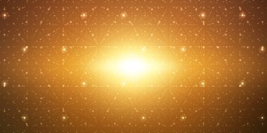 Sonsuz uzay arkaplanı vektörü. Derinlik ve perspektif yanılsaması ile parlayan yıldızların birleşimi. Kafes olarak nokta dizisi olan geometrik arkaplan. Koyu turuncu arka planda soyut gelecek evreni.